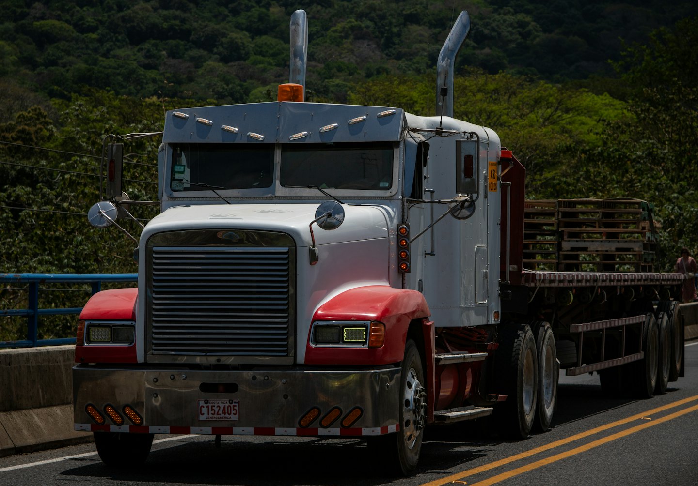 Freightliner-semitrailer med träpallar på en bergsväg.